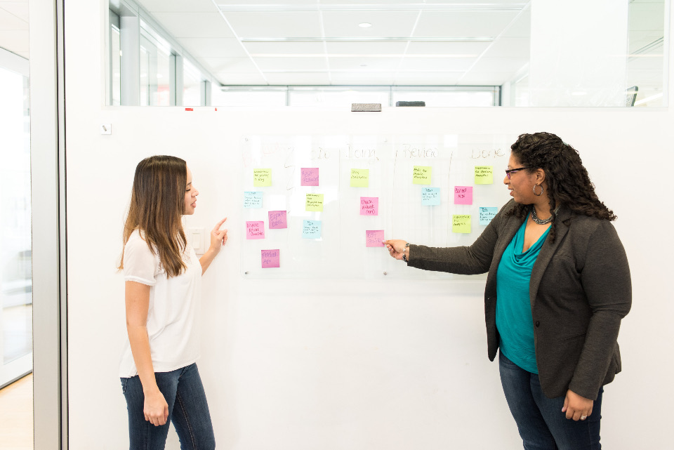 A team mapping out an implementation plan on a whiteboard