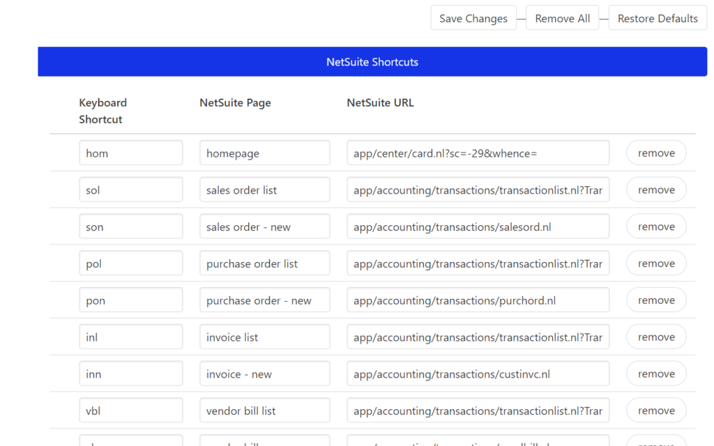 NetSuite Keyboard Shortcuts extension