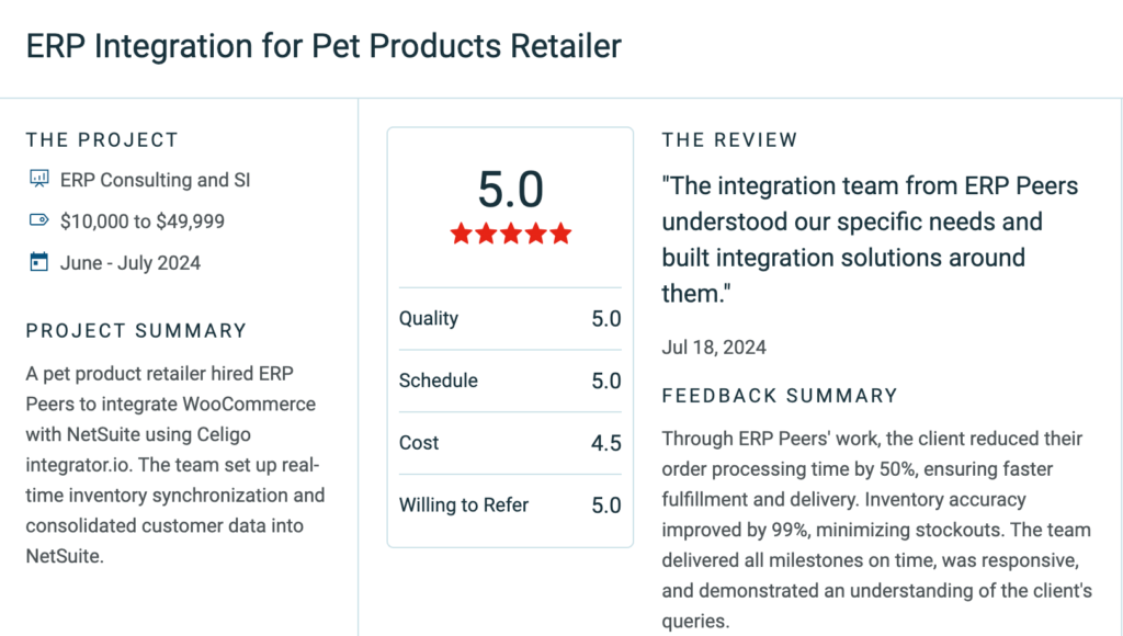 Screenshot of a client review on clutch for ERP Peers for the netsuite woocommerce integration done by us