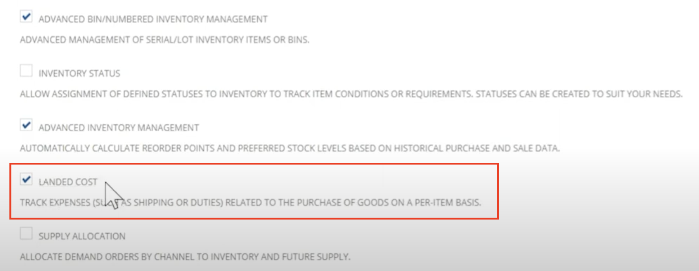 option to enable landed cost in netsuite