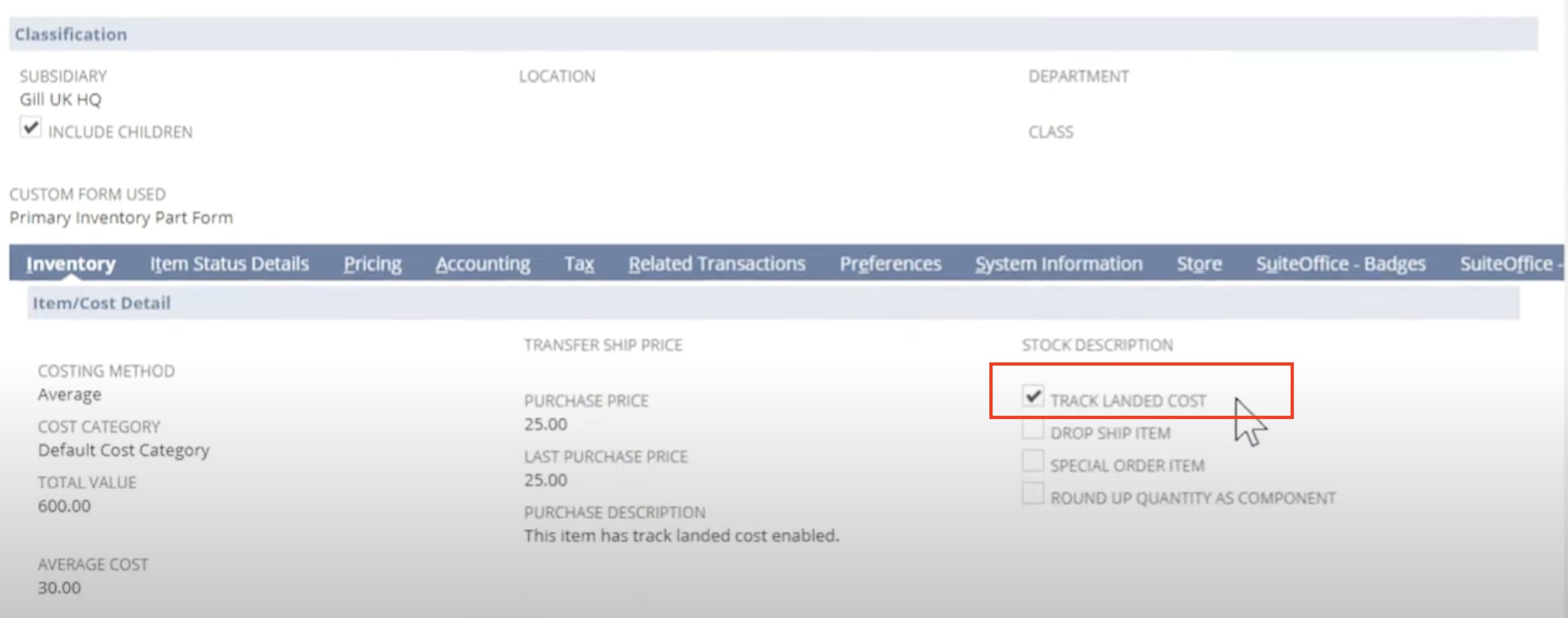 enabling the tracking option of landed cost