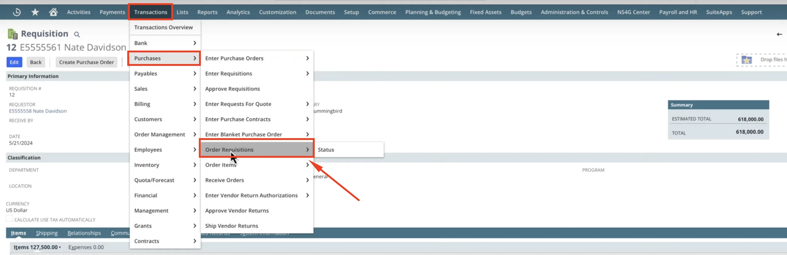 image showing steps to create purchase order in netsuite