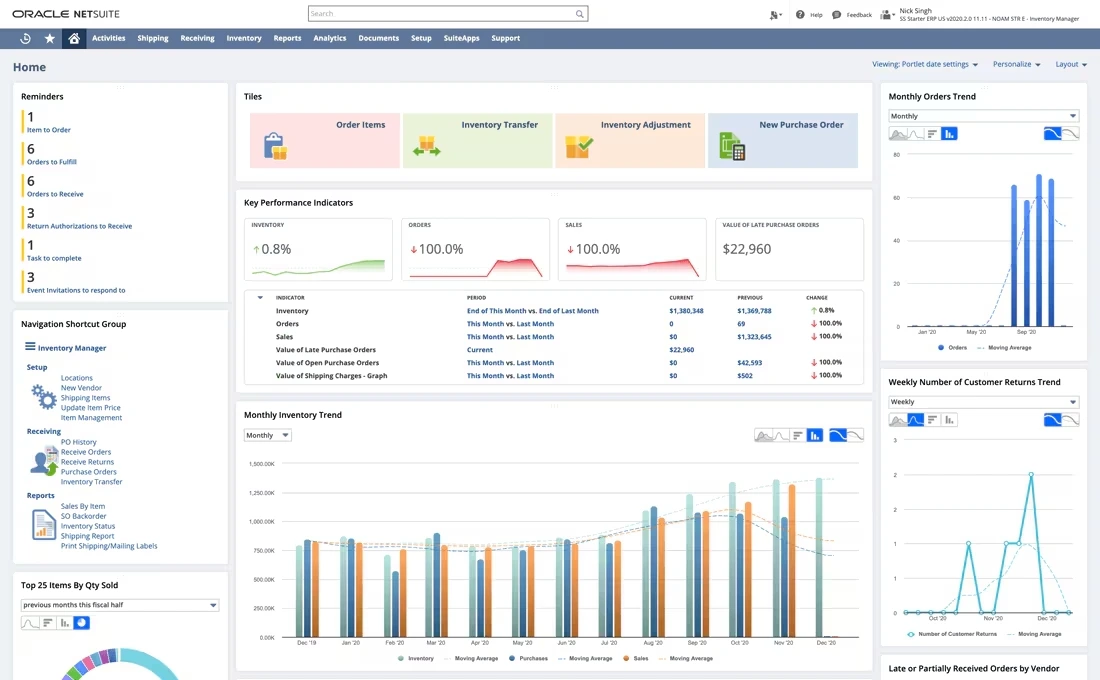 dashboard view of netsuite's inventory management system tool