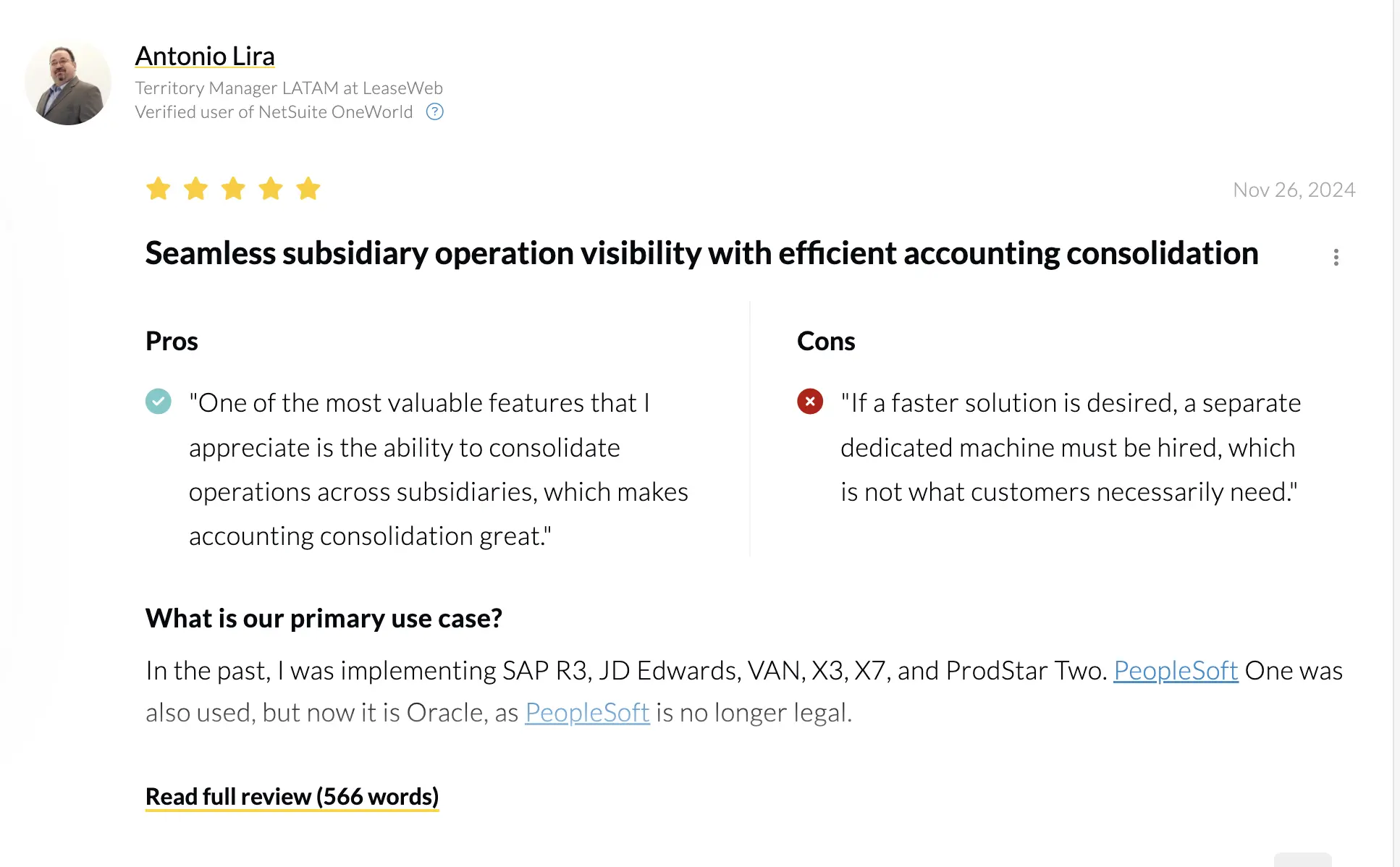screenshot of review of NetSuite OneWorld shared by an actual user on peerspot review platform