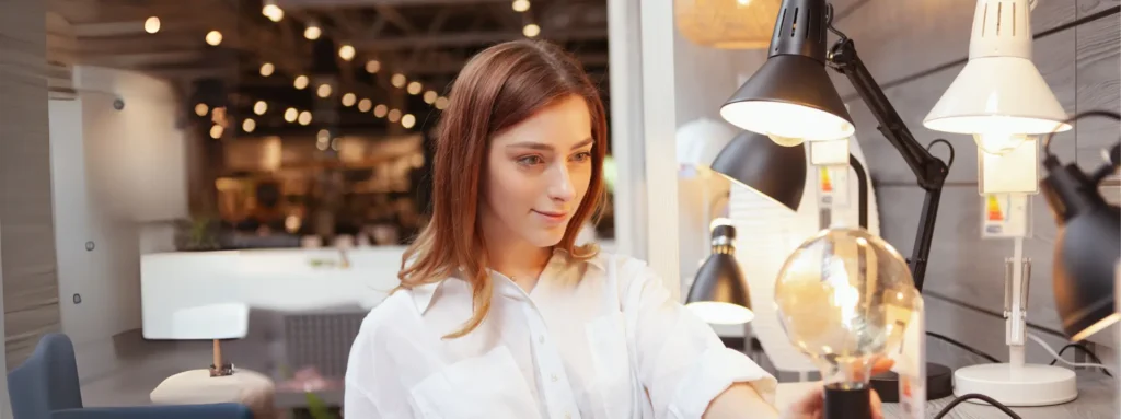 Banner image with lighting products and a girl