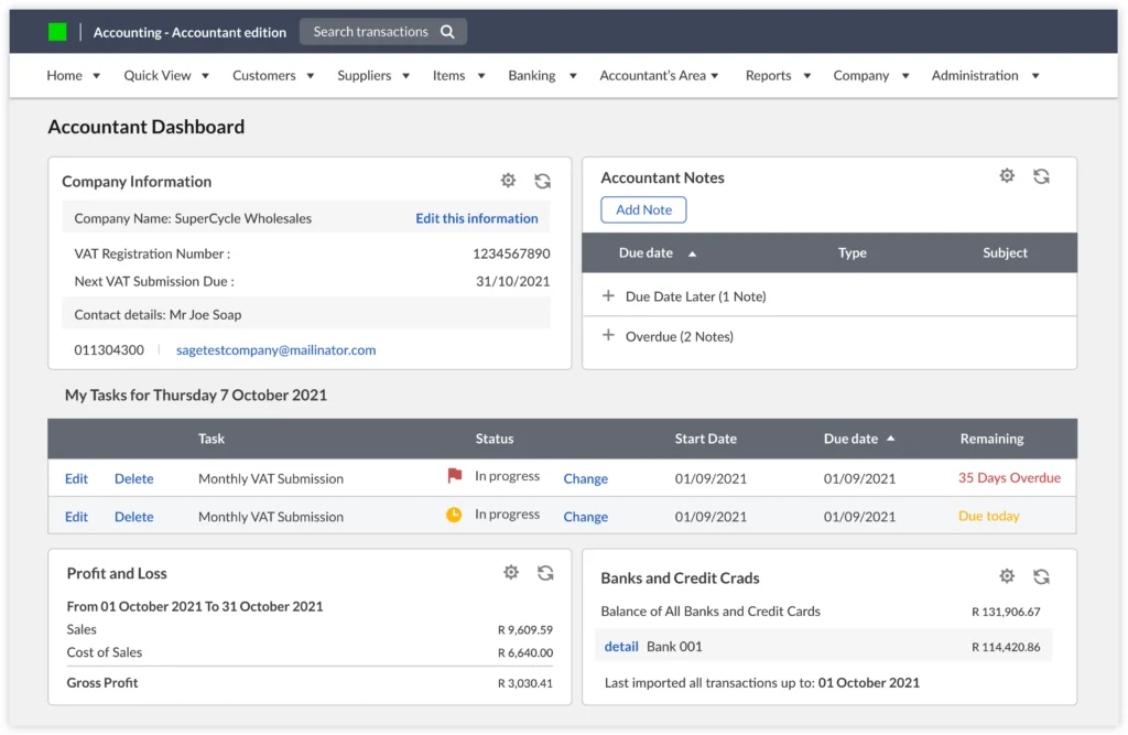 dashboard of sage business accounting
