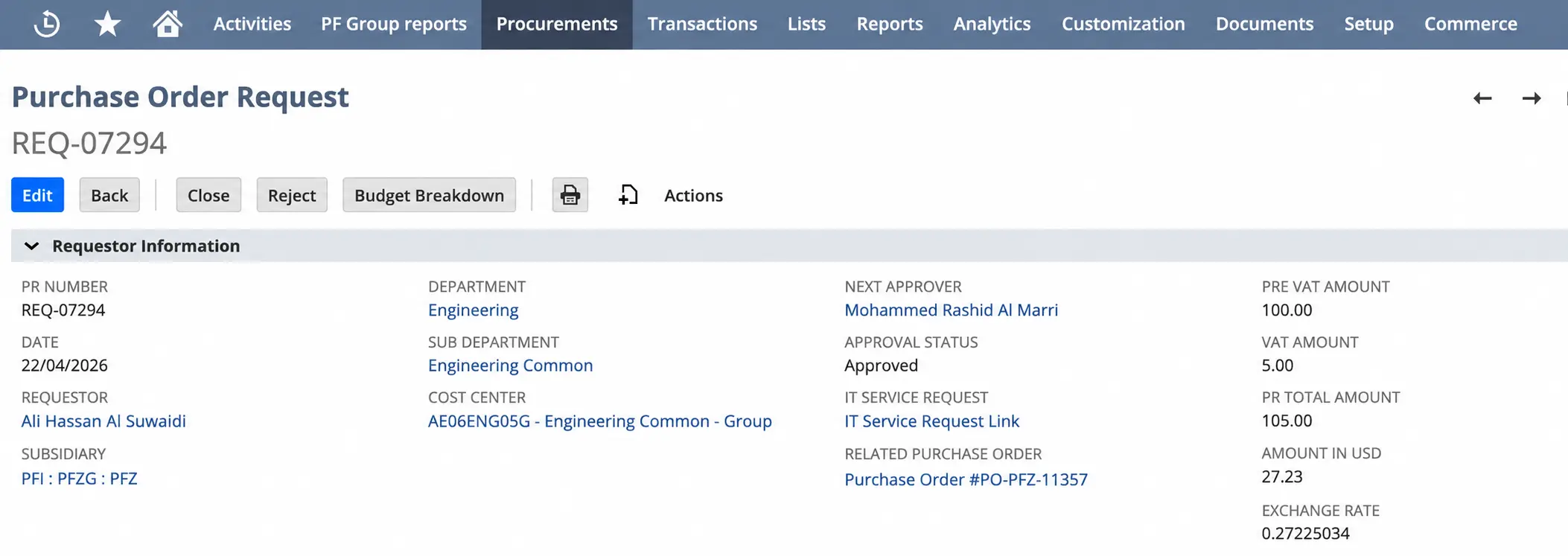 NetSuite Purchase Order Request REQ-07294 showing requestor information, approval status, cost center, VAT and total amount
