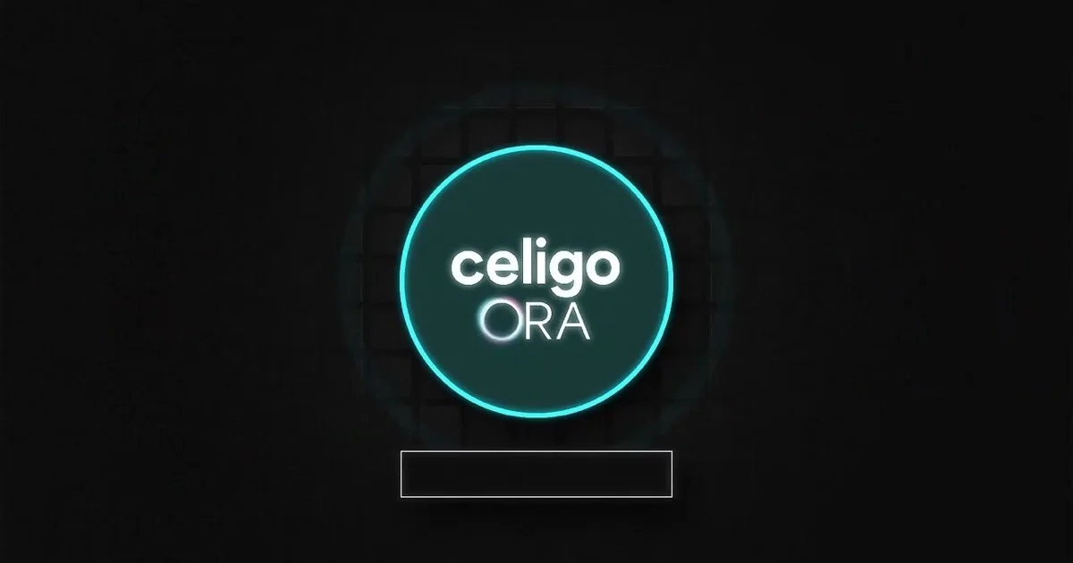 Celigo Ora logo in a glowing circular badge on a dark background, from Celigo's own Ora product launch title card