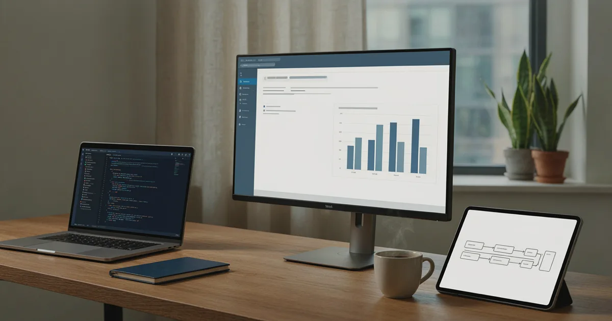Home office desk with a laptop showing code, a monitor displaying a dashboard with charts, and a tablet showing a workflow diagram